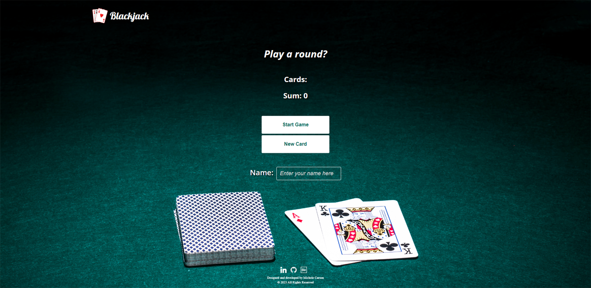 Preview of the home screen of React Project #5 - Blackjack